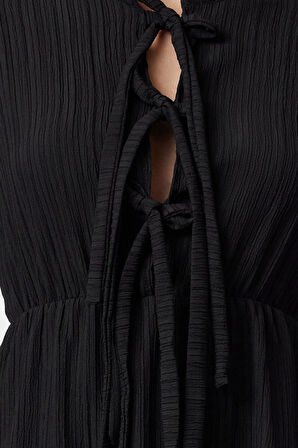 Moda Stil Regular Hakim Yaka Maxi Boy Fiyonk Detaylı Dokuma Elbise