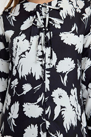 Moda Stil Fitted Bisiklet Yaka Maxi Boy Tesettür Fiyonklu Dokuma Desenli Elbise