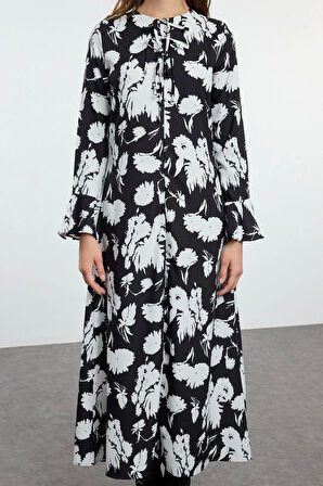 Moda Stil Fitted Bisiklet Yaka Maxi Boy Tesettür Fiyonklu Dokuma Desenli Elbise