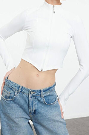 Stil Kadın Fitted Vücuda Oturan Fermuarlı Esnek Bluz Crop Örme Regular Kalıp