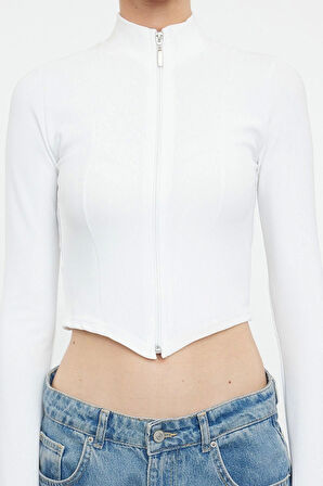 Stil Kadın Fitted Vücuda Oturan Fermuarlı Esnek Bluz Crop Örme Regular Kalıp