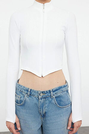 Stil Kadın Fitted Vücuda Oturan Fermuarlı Esnek Bluz Crop Örme Regular Kalıp