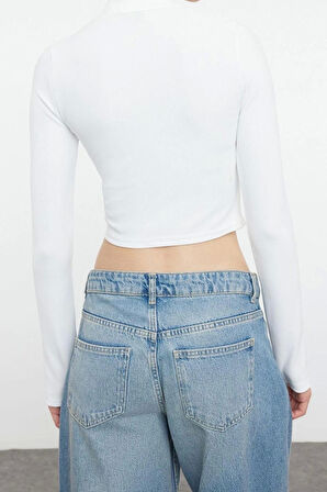 Stil Kadın Fitted Vücuda Oturan Fermuarlı Esnek Bluz Crop Örme Regular Kalıp
