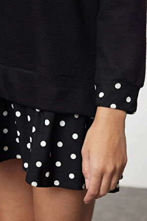 Moda Stil Regular Bisiklet Yaka Mini Boy Selanik Puantiyeli Örme Elbise