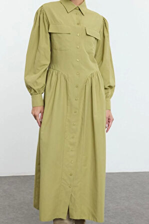 Moda Stil Regular Gömlek Yaka Maxi Boy Tesettür Poplin Dokuma Pili Detaylı Cepli Dokuma Elbise