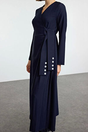 Moda Stil Regular Ceket Yaka Maxi Boy Tesettür Kruvaze Yaka Yandan Bağlama Detaylı Dokuma Elbise