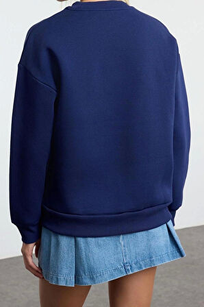 Tarz Bol Bisiklet Yaka Düşük Kol Uzun Baskılı Geniş Kalıp Kalın İçi Polarlı Örme Sweatshirt