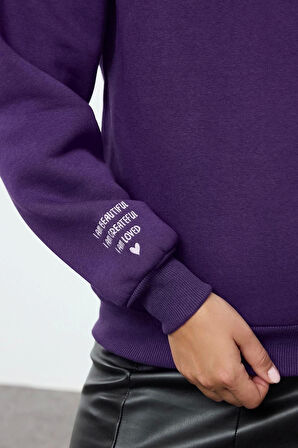 Regular Bisiklet Yaka Düşük Kol Regular Nakışlı Normal Kalıp Kalın İçi Polarlı Örme Sweatshirt