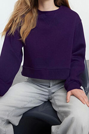 Bisiklet Yaka Düşük Kol Crop Kalın Polarlı Geniş Kalıp Crop Basic Örme Sweatshirt