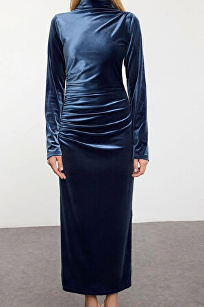 Moda Stil Slim Dik Yaka Midi Boy Düz Büzgü Drape Detaylı Bodycone Vücuda Oturan Örme Elbise