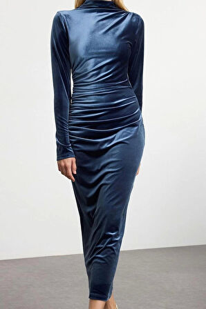 Moda Stil Slim Dik Yaka Midi Boy Düz Büzgü Drape Detaylı Bodycone Vücuda Oturan Örme Elbise