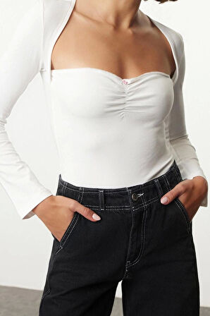 Stil Kadın Büzgü Drape ve Aksesuar Detaylı Dar Kalıp Boy Bluz Regular Örme Slim Kalıp