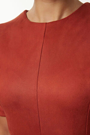 Moda Regular Midi Boy Düz Dikiş Detaylı Truvakar Kol Skater Belden Açılan Örme Süet Elbise