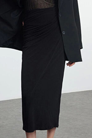 Modern Tarz Astarsız Örme Maxi Boy Büzgü Drape Detaylı Maxi Anvelop Esnek Etek