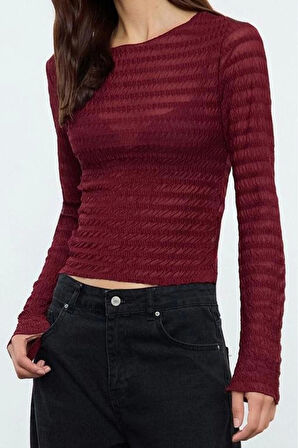 Stil Kadın Fitted Vücuda Oturan Dokulu Tül Esnek Bluz Regular Örme Slim Kalıp