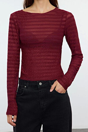 Stil Kadın Fitted Vücuda Oturan Dokulu Tül Esnek Bluz Regular Örme Slim Kalıp