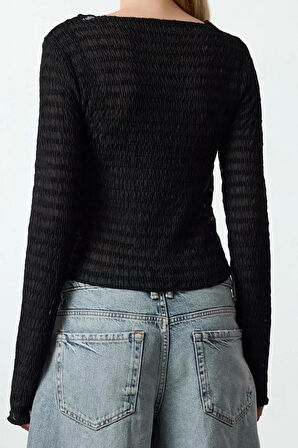 Stil Kadın Fitted Vücuda Oturan Dokulu Tül Esnek Bluz Regular Örme Slim Kalıp