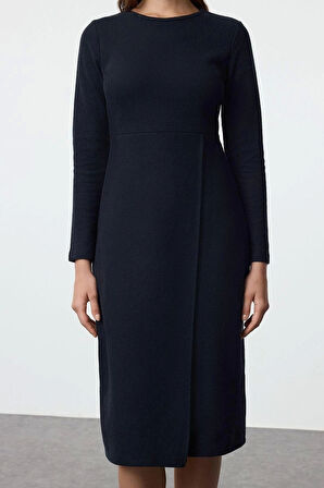 Moda Stil Slim Bisiklet Yaka Midi Boy Düz Selanik Anvelop Esnek Örme Elbise