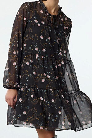 Moda Stil Regular Dik Yaka Mini Boy Şal Desenli Bol Kalıp Astarlı Şifon Dokuma Kışlık Elbise