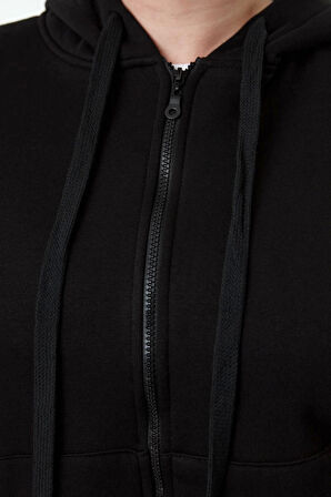 Büyük Beden Oversize Kapüşonlu Düşük Kol Regular İçi Polarlı Önü Fermuarlı Örme Sweatshirt