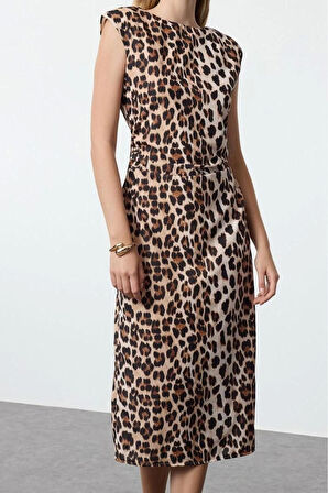 Moda Stil Regular Bisiklet Yaka Midi Boy Düz Kalıp Dokuma Elbise