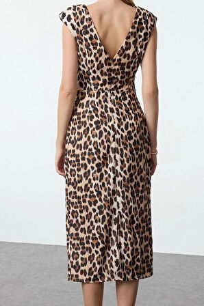 Moda Stil Regular Bisiklet Yaka Midi Boy Düz Kalıp Dokuma Elbise