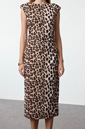 Moda Stil Regular Bisiklet Yaka Midi Boy Düz Kalıp Dokuma Elbise