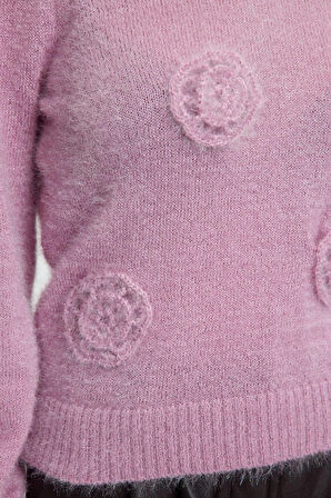 Stil Modern Kadın Regular Standart Kol Bisiklet Yaka Tüylü Çiçek İşlemeli Triko Kazak