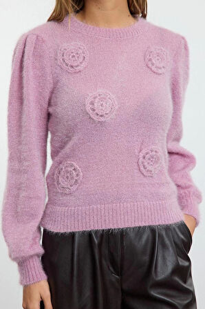 Stil Modern Kadın Regular Standart Kol Bisiklet Yaka Tüylü Çiçek İşlemeli Triko Kazak