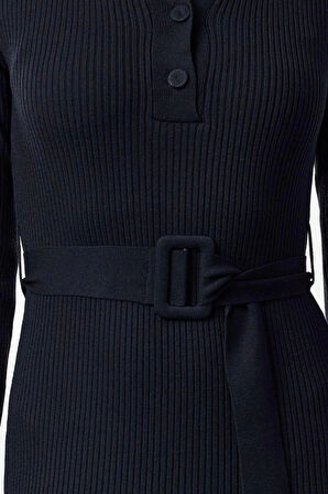 Moda Stil Regular Polo Yaka Midi Boy Kuşaklı Triko Elbise