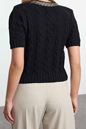 Kadın Modern Tarz Slim Bisiklet Yaka Crop Triko Hırka