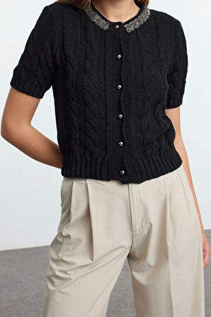 Kadın Modern Tarz Slim Bisiklet Yaka Crop Triko Hırka