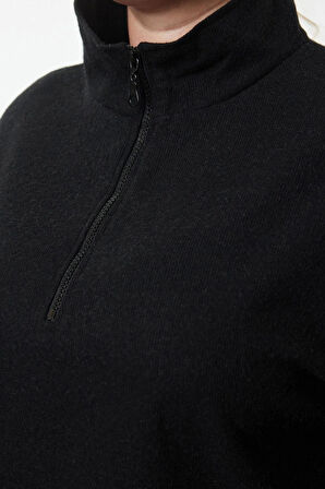Büyük Beden Tarz Regular Dik Yaka Düşük Kol Crop Fermuarlı Selanik İnce Örme Sweatshirt