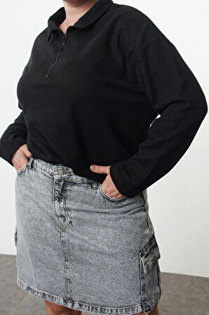 Büyük Beden Tarz Regular Dik Yaka Düşük Kol Crop Fermuarlı Selanik İnce Örme Sweatshirt