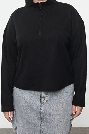 Büyük Beden Tarz Regular Dik Yaka Düşük Kol Crop Fermuarlı Selanik İnce Örme Sweatshirt