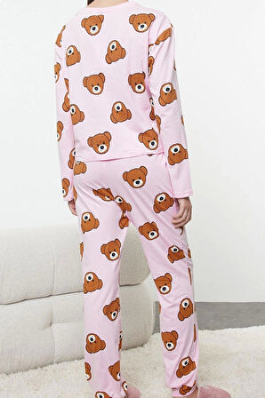 Tarz Rahat Uzun Kollu Boru Paça %100 Pamuklu Ayıcık Desenli Örme Pijama Takımı