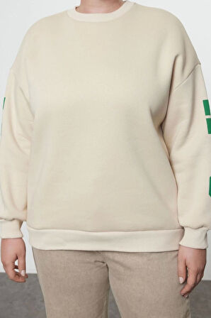 Büyük Beden Oversize Bisiklet Yaka Düşük Kol Genilş Kalıp Sırtı Baskılı Polar Kalın Sweatshirt