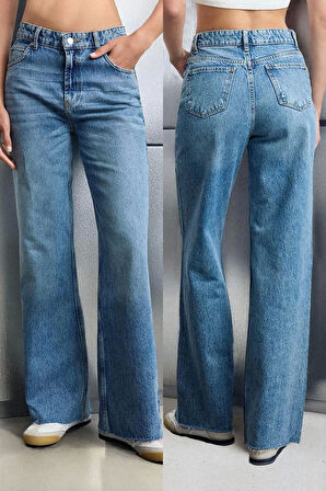 Stil Kadın Moda Denim Kot Pantolon Uzun Geniş Paça Mavi Yüksek Bel Jeans