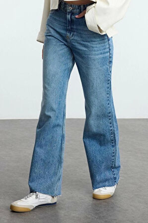 Stil Kadın Moda Denim Kot Pantolon Uzun Geniş Paça Mavi Yüksek Bel Jeans
