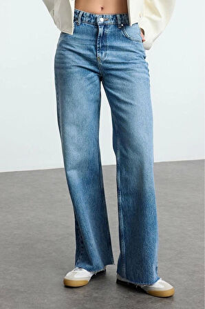 Stil Kadın Moda Denim Kot Pantolon Uzun Geniş Paça Mavi Yüksek Bel Jeans