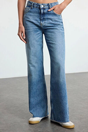 Stil Kadın Moda Denim Kot Pantolon Uzun Geniş Paça Mavi Yüksek Bel Jeans