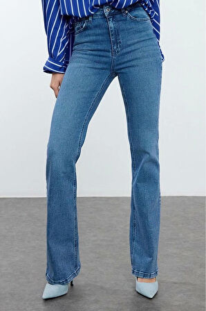 Stil Kadın Moda Denim Kot Pantolon Uzun İspanyol Paça Yüksek Bel Jeans