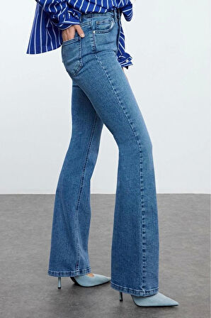 Stil Kadın Moda Denim Kot Pantolon Uzun İspanyol Paça Yüksek Bel Jeans