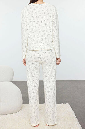 Tarz Rahat Uzun Kollu Geniş Paça %100 Pamuklu Ayıcık Desenli Örme Pijama Takımı