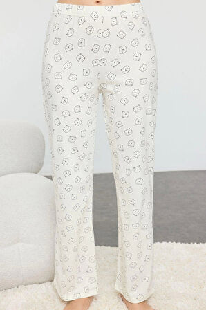 Tarz Rahat Uzun Kollu Geniş Paça %100 Pamuklu Ayıcık Desenli Örme Pijama Takımı