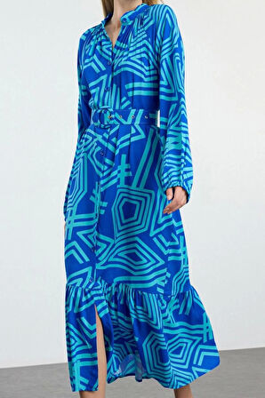 Moda Stil Regular Gömlek Yaka Midi Boy Kemerli Geometrik Desenli Dokuma Gömlek Elbise