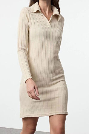 Moda Stil Slim Polo Yaka Mini Boy Fitted Vücuda Oturan Fitilli Örme Elbise