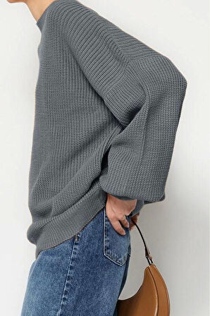 Stil Modern Kadın Regular Balon Kol Bisiklet Yaka Geniş Kalıp Basic Triko Kazak