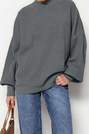 Stil Modern Kadın Regular Balon Kol Bisiklet Yaka Geniş Kalıp Basic Triko Kazak