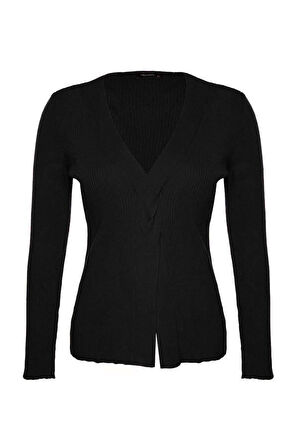 Stil Modern Kadın Regular Standart Kol V Yaka Büyük Beden Önü Düğüm Detaylı Triko Kazak